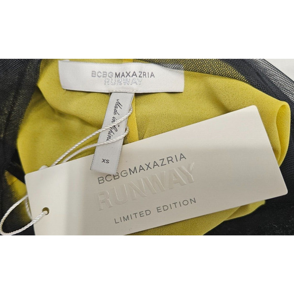$498 Bcbgmaxazria Runway Dress XS Black Yellow Sheer Mesh One Shoulder Mini NWT - Picture 2 of 9
